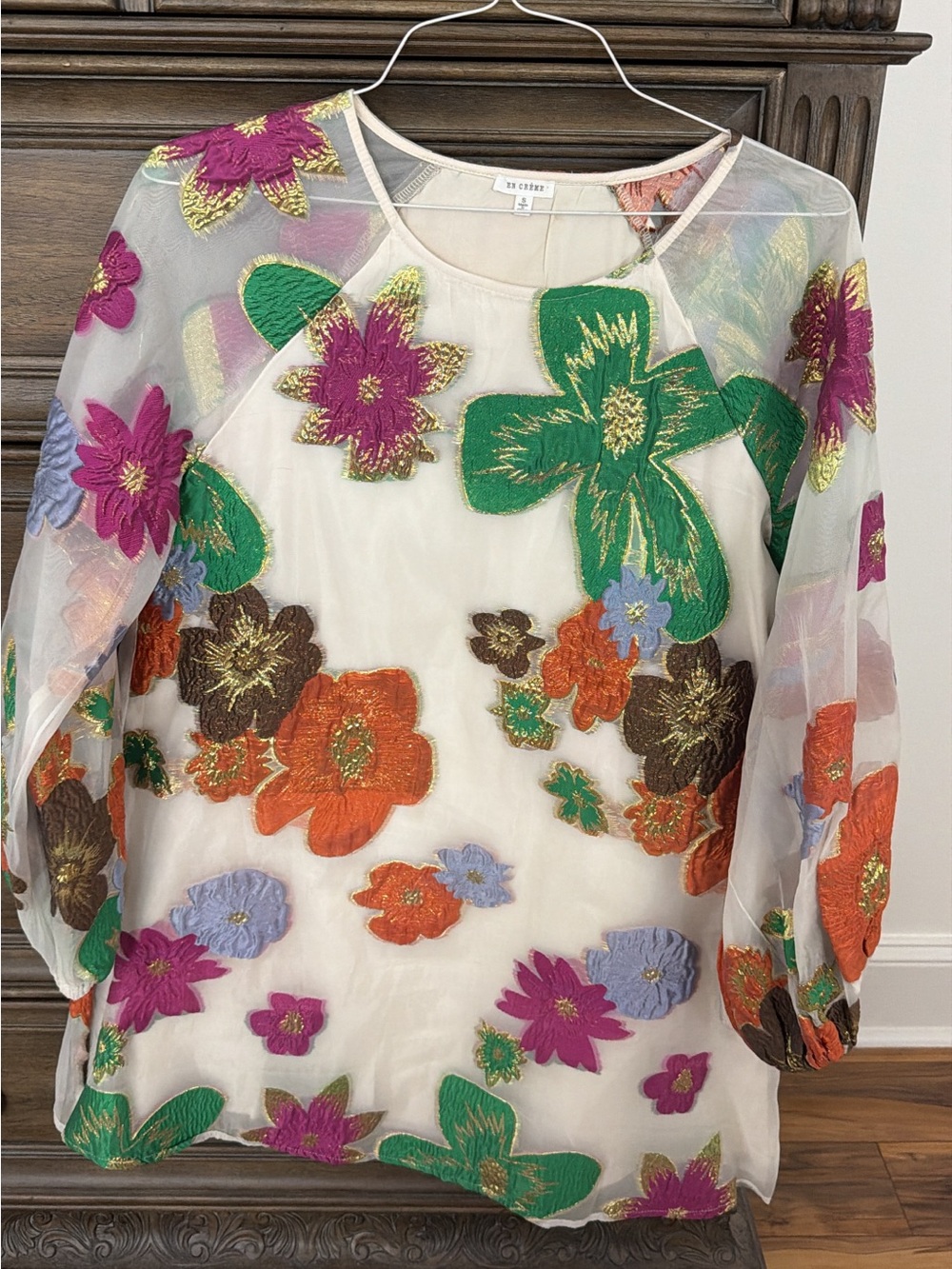 Zara White Sheer Floral Embroidered Blouse with Multicolor Blooms